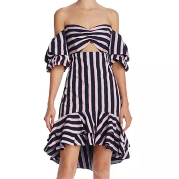 WAYF Korbin Striped Off-the-Shoulder Dress | Navy Lavender Strapless Mini Small - Picture 7 of 7